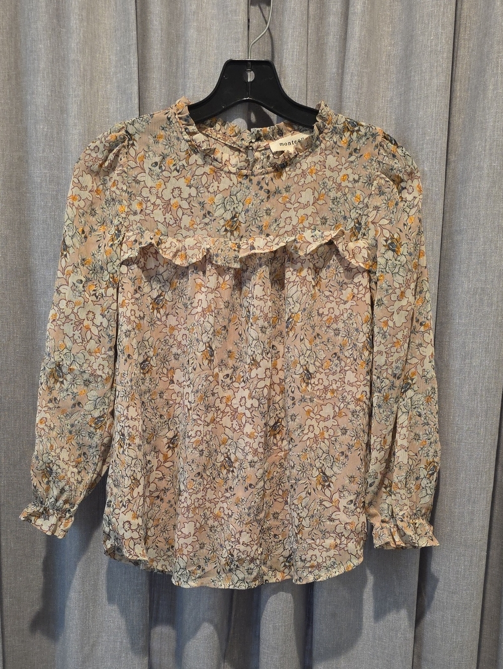 Monteau Ruffled Tan Sheer Floral Blouse with Gold Accent